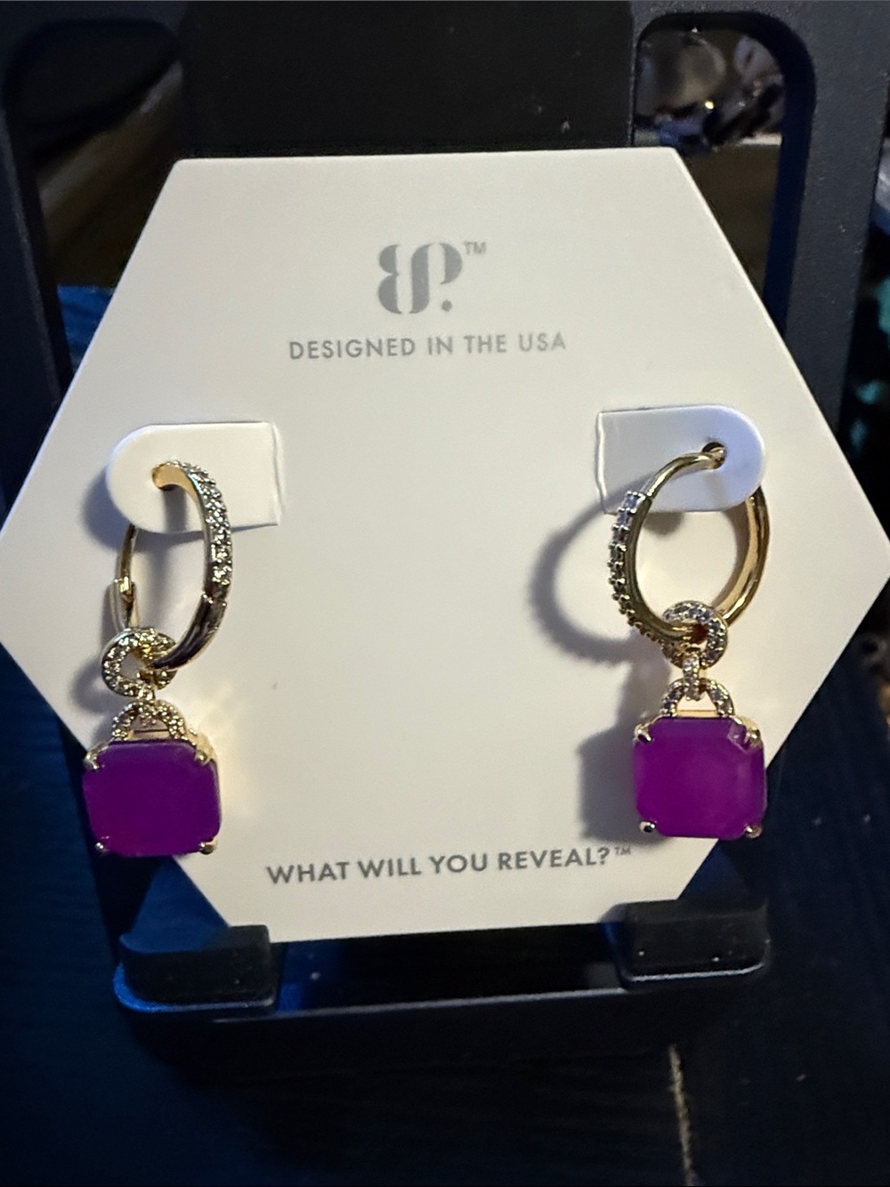 BP Gold Plated Hoop Earrings with Bright Purple Square Stones “the listen”